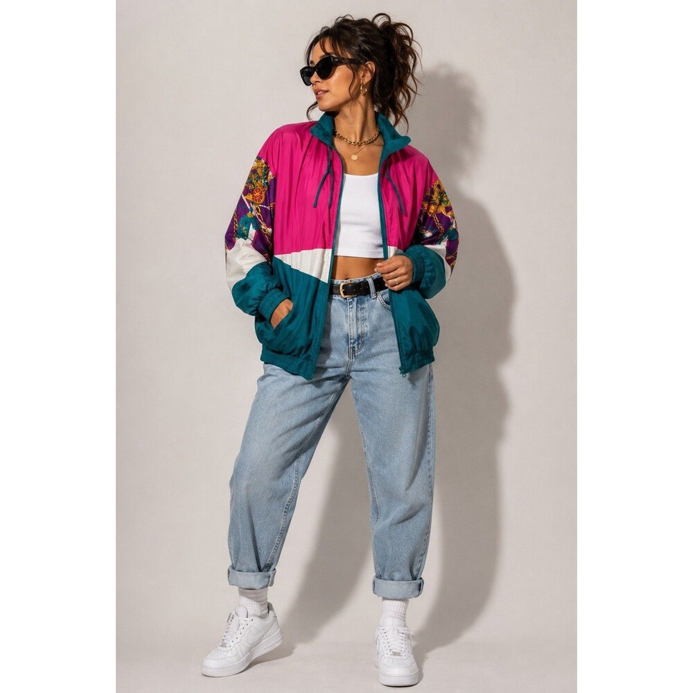Vintage 80s Color Block Windbreaker Jacket Pink Teal Equestrian Scarf Print Sz L - Picture 4 of 11